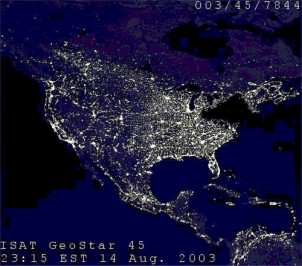 A satellite image of the northeastern U.S. taken by the Defense Meteorological Satellite Program on Aug. 14, 2003 at 9:03 p.m., when a blackout affected 50 million people. (Image: NOAA/DMSP.)