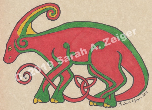 Kells-style dinosaur by Sarah A. Zeiger