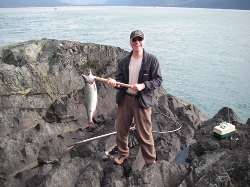 the first salmon caught off the rocks